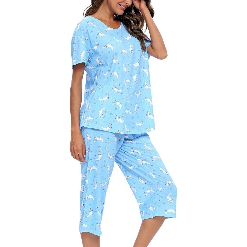 🆕Women Blue Pajama Sets Cotton  Set Short Sleeve Top With Capri Pant Sleepwear